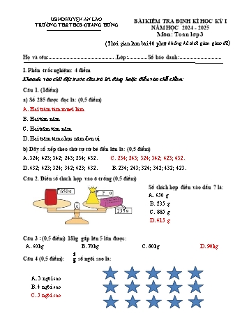 Đề kiểm tra định kì học kỳ I môn Toán Lớp 3 - Năm học 2024-2025 - Trường TH&THCS Quang Hưng (Có đáp án)