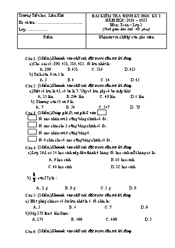 Đề kiểm tra định kì học kỳ I môn Toán Lớp 3 - Năm học 2024-2025 - Trường Tiểu học Liên Khê (Có đáp án)