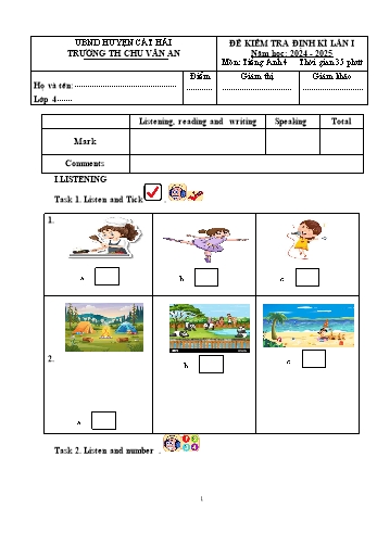 Đề kiểm tra định kì lần I môn Tiếng Anh Lớp 4 - Năm học 2024-2025 - Trường Tiểu học Chu Văn An (Có đáp án)