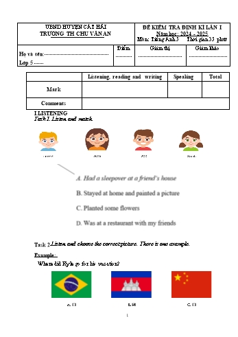 Đề kiểm tra định kì lần I môn Tiếng Anh Lớp 5 - Năm học 2024-2025 - Trường Tiểu học Chu Văn An (Có đáp án)