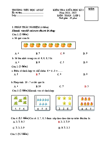 Đề kiểm tra giữa học kỳ I môn Toán Lớp 1 - Năm học 2024-2025 - Trường Tiểu học An Lư