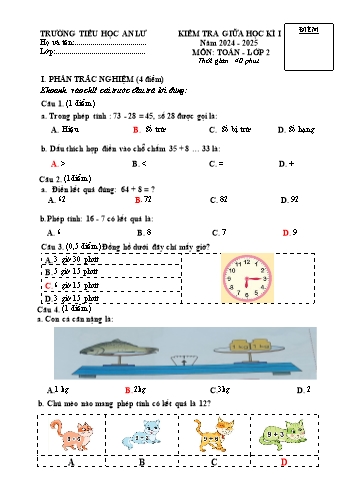 Đề kiểm tra giữa học kỳ I môn Toán Lớp 2 - Năm học 2024-2025 - Trường Tiểu học An Lư