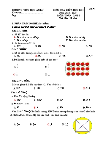 Đề kiểm tra giữa học kỳ I môn Toán Lớp 3 - Năm học 2024-2025 - Trường Tiểu học An Lư