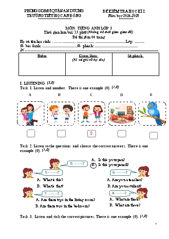 Đề kiểm tra học kì I môn Tiếng Anh Lớp 3 - Năm học 2024-2025 - Trường Tiểu học An Đồng (Có đáp án + File nghe)
