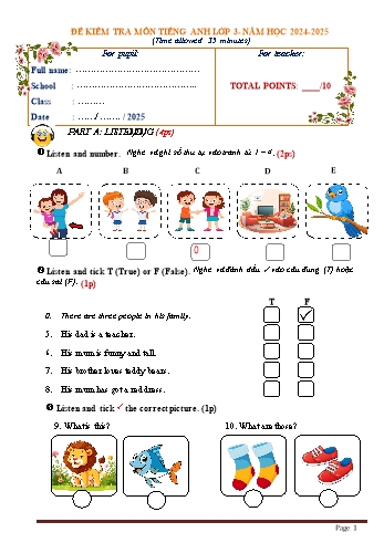 Đề kiểm tra học kì I môn Tiếng Anh Lớp 3 - Năm học 2024-2025 - Trường Tiểu học Tân Tiến (Có đáp án)