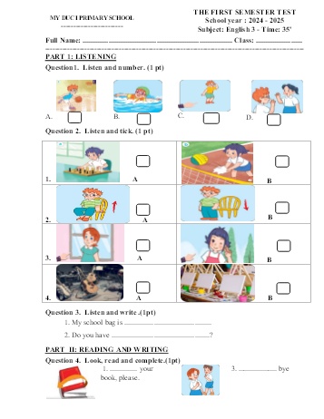 Đề kiểm tra học kì I môn Tiếng Anh Lớp 3 - Năm học 2024-2025 - Trường Tiểu học Mỹ Đức 1 (Có đáp án + Ma trận)