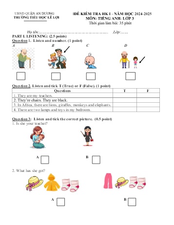 Đề kiểm tra học kì I môn Tiếng Anh Lớp 3 - Năm học 2024-2025 - Trường Tiểu học Lê Lợi (Có đáp án)