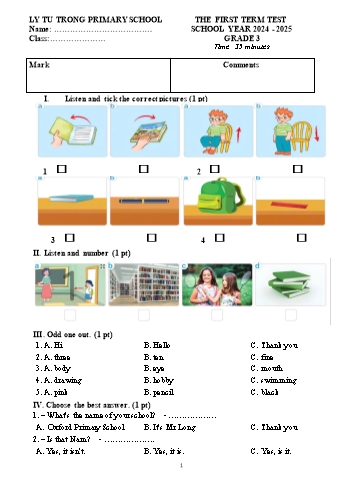 Đề kiểm tra học kì I môn Tiếng Anh Lớp 3 - Năm học 2024-2025 - Trường Tiểu học Lý Tự Trọng (Có đáp án + File nghe)