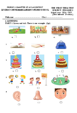 Đề kiểm tra học kì I môn Tiếng Anh Lớp 3 - Năm học 2024-2025 - Trường TH&THCS Lê Khắc Cẩn (Có đáp án + File nghe)