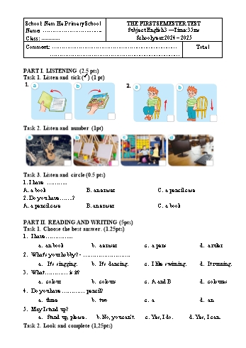 Đề kiểm tra học kì I môn Tiếng Anh Lớp 3 - Năm học 2024-2025 - Trường Tiểu học Nam Hà (Có đáp án + File nghe)