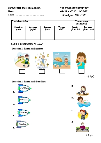 Đề kiểm tra học kì I môn Tiếng Anh Lớp 4 - Năm học 2024-2025 - Trường Tiểu học Nguyễn Huệ