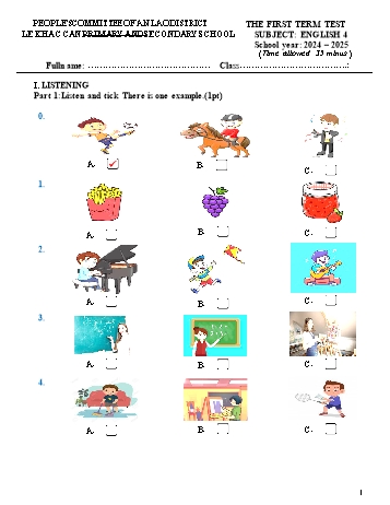Đề kiểm tra học kì I môn Tiếng Anh Lớp 4 - Năm học 2024-2025 - Trường TH&THCS Lê Khắc Cẩn (Có đáp án + File nghe)