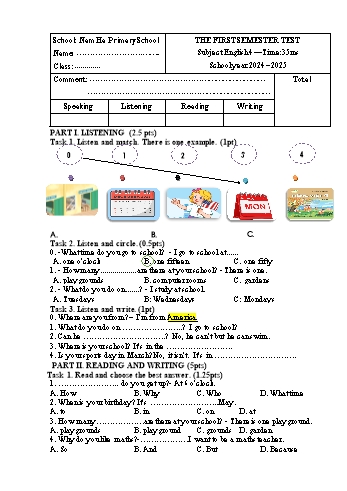 Đề kiểm tra học kì I môn Tiếng Anh Lớp 4 - Năm học 2024-2025 - Trường Tiểu học Nam Hà (Có đáp án + File nghe)