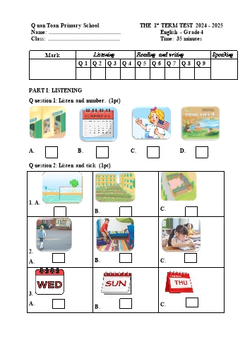 Đề kiểm tra học kì I môn Tiếng Anh Lớp 4 - Năm học 2024-2025 - Trường Tiểu học Quán Toan (Có đáp án + Ma trận)
