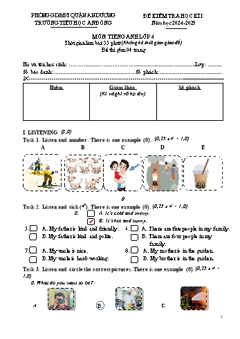 Đề kiểm tra học kì I môn Tiếng Anh Lớp 4 - Năm học 2024-2025 - Trường Tiểu học An Đồng (Có đáp án + File nghe)