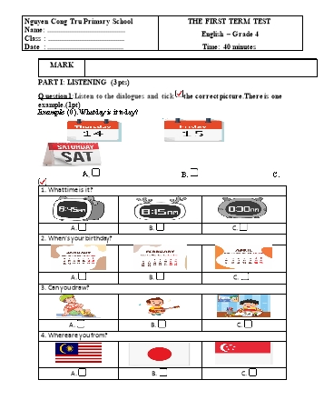 Đề kiểm tra học kì I môn Tiếng Anh Lớp 4 - Năm học 2024-2025 - Trường Tiểu học Nguyễn Công Trứ (Có đáp án + Ma trận)