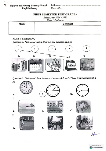 Đề kiểm tra học kì I môn Tiếng Anh Lớp 4 - Năm học 2024-2025 - Trường Tiểu học Nguyễn Tri Phương