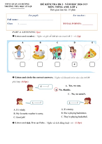 Đề kiểm tra học kì I môn Tiếng Anh Lớp 4 - Năm học 2024-2025 - Trường Tiểu học Lê Lợi (Có đáp án)