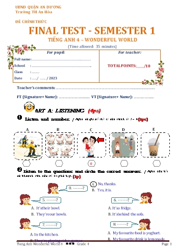 Đề kiểm tra học kì I môn Tiếng Anh Lớp 4 (Wonderful World) - Năm học 2024-2025 - Trường Tiểu học An Hòa (Có đáp án + Ma trận)