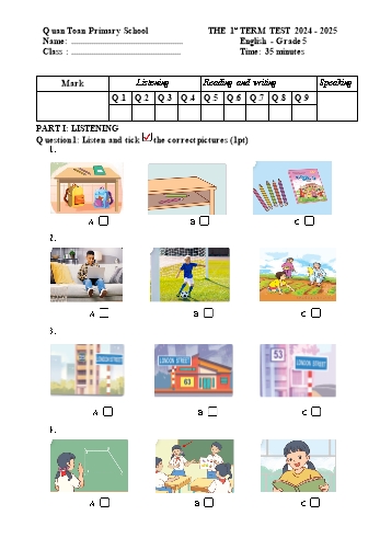 Đề kiểm tra học kì I môn Tiếng Anh Lớp 5 - Năm học 2024-2025 - Trường Tiểu học Quán Toan (Có đáp án + Ma trận)
