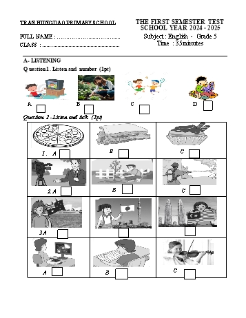 Đề kiểm tra học kì I môn Tiếng Anh Lớp 5 - Năm học 2024-2025 - Trường Tiểu học Trần Hưng Đạo (Có đáp án)
