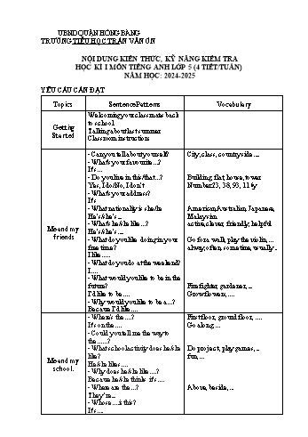 Đề kiểm tra học kì I môn Tiếng Anh Lớp 5 - Năm học 2024-2025 - Trường Tiểu học Trần Văn Ơn (Có đáp án + Ma trận)