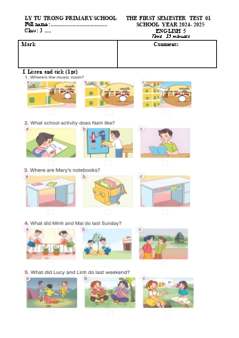 Đề kiểm tra học kì I môn Tiếng Anh Lớp 5 - Năm học 2024-2025 - Trường Tiểu học Lý Tự Trọng (Có đáp án + File nghe)