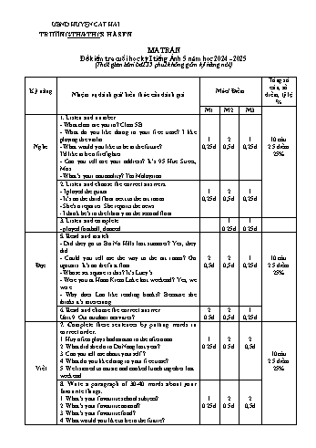 Đề kiểm tra học kì I môn Tiếng Anh Lớp 5 - Năm học 2024-2025 - Trường TH&THCS Hà Sen (Có đáp án + Ma trận)