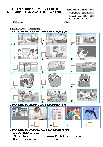 Đề kiểm tra học kì I môn Tiếng Anh Lớp 5 - Năm học 2024-2025 - Trường TH&THCS Lê Khắc Cẩn (Có đáp án + File nghe)
