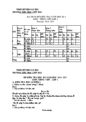 Đề kiểm tra học kì I môn Tiếng Việt Lớp 1 - Năm học 2024-2025 - Trường Tiểu học Việt Hải (Có đáp án + Ma trận)