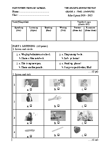 Đề kiểm tra học kì II môn Tiếng Anh Lớp 3 - Năm học 2024-2025 - Trường Tiểu học Nguyễn Huệ