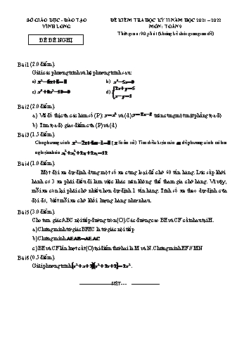 Đề kiểm tra học kì II môn Toán 9 - Đề số 3 - Năm học 2021-2022 - SGD&ĐT Vĩnh Long (Có đáp án)