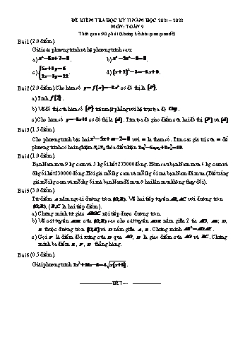 Đề kiểm tra học kì II môn Toán 9 - Đề số 5 - Năm học 2021-2022 - SGD&ĐT Vĩnh Long (Có đáp án)