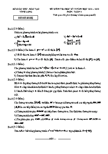 Đề kiểm tra học kì II môn Toán 9 - Đề số 7 - Năm học 2021-2022 - SGD&ĐT Vĩnh Long (Có đáp án)