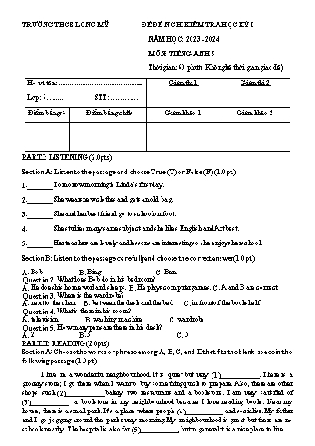 Đề kiểm tra học kỳ I môn Tiếng Anh 6 - Năm học 2023-2024 - Trường THCS Long Mỹ (Có đáp án + File nghe)