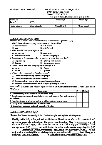 Đề kiểm tra học kỳ I môn Tiếng Anh 7 - Năm học 2023-2024 - Trường THCS Long Mỹ (Có đáp án + File nghe)