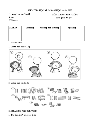 Đề kiểm tra học kỳ I môn Tiếng Anh Lớp 1 - Năm học 2024-2025 - Trường Tiểu học Phả Lễ (Có đáp án + Ma trận)