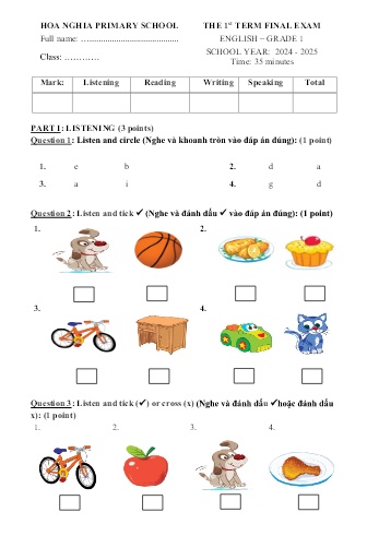 Đề kiểm tra học kỳ I môn Tiếng Anh Lớp 1 - Năm học 2024-2025 - Trường Tiểu học Hòa Nghĩa