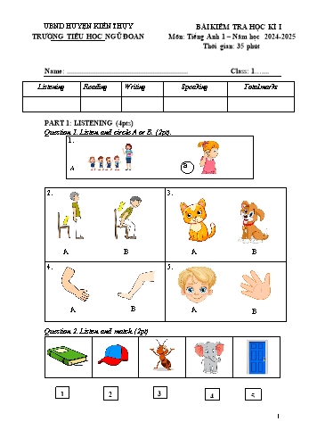 Đề kiểm tra học kỳ I môn Tiếng Anh Lớp 1 - Năm học 2024-2025 - Trường Tiểu học Ngũ Đoan (Có đáp án)