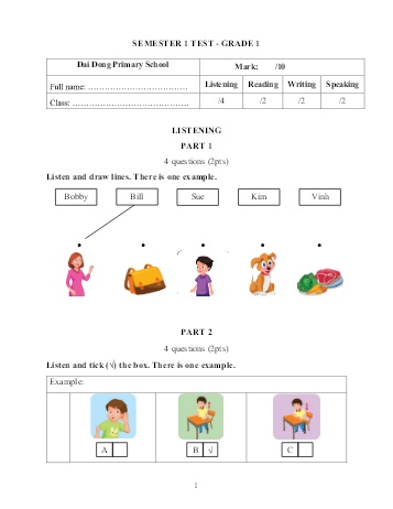Đề kiểm tra học kỳ I môn Tiếng Anh Lớp 1 - Năm học 2024-2025 - Trường Tiểu học Đại Đồng (Có đáp án + File nghe)