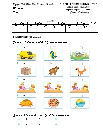 Đề kiểm tra học kỳ I môn Tiếng Anh Lớp 2 - Năm học 2024-2025 - Trường Tiểu học Nguyễn Thị Minh Khai