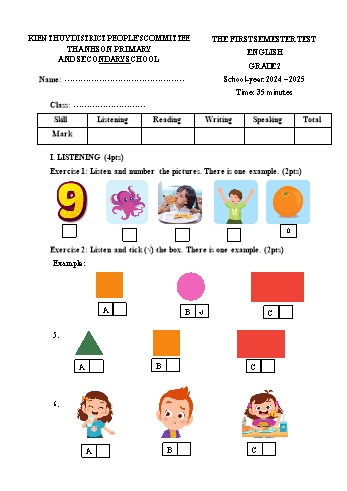 Đề kiểm tra học kỳ I môn Tiếng Anh Lớp 2 - Năm học 2024-2025 - Trường TH&THCS Thanh Sơn (Có đáp án)