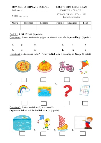Đề kiểm tra học kỳ I môn Tiếng Anh Lớp 2 - Năm học 2024-2025 - Trường Tiểu học Hòa Nghĩa