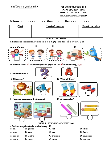 Đề kiểm tra học kỳ I môn Tiếng Anh Lớp 3 + 4 + 5 - Năm học 2024-2025 - Trường Tiểu học Quyết Tiến