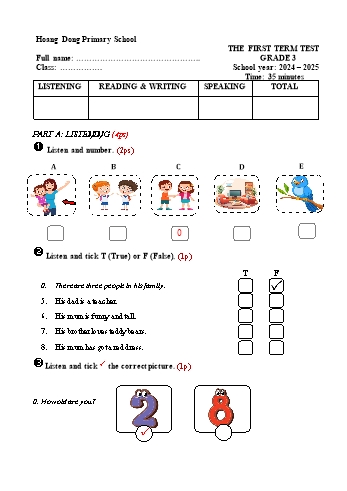 Đề kiểm tra học kỳ I môn Tiếng Anh Lớp 3 - Năm học 2024-2025 - Trường Tiểu học Hoàng Động