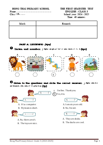 Đề kiểm tra học kỳ I môn Tiếng Anh Lớp 3 - Năm học 2024-2025 - Trường Tiểu học Hồng Thái (Có đáp án + File nghe)