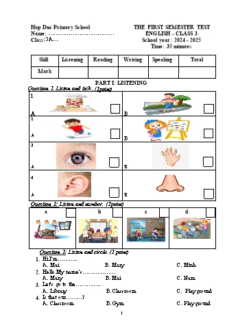 Đề kiểm tra học kỳ I môn Tiếng Anh Lớp 3 - Năm học 2024-2025 - Trường Tiểu học Hợp Đức (Có đáp án + Ma trận)