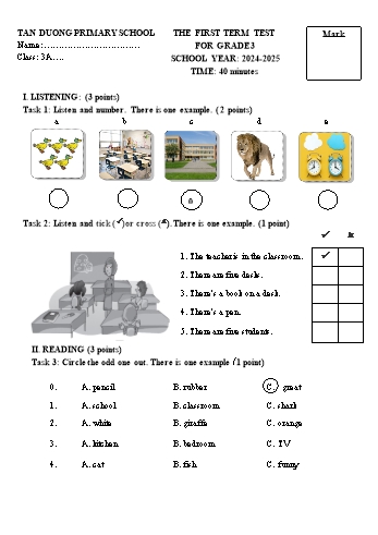 Đề kiểm tra học kỳ I môn Tiếng Anh Lớp 3 - Năm học 2024-2025 - Trường Tiểu học Tân Dương (Có đáp án + File nghe)