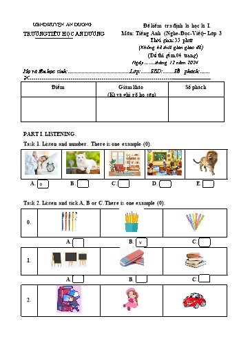 Đề kiểm tra học kỳ I môn Tiếng Anh Lớp 3 - Năm học 2024-2025 - Trường Tiểu học An Dương