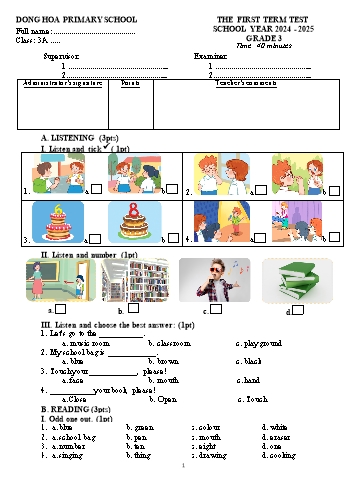 Đề kiểm tra học kỳ I môn Tiếng Anh Lớp 3 - Năm học 2024-2025 - Trường Tiểu học Đồng Hòa